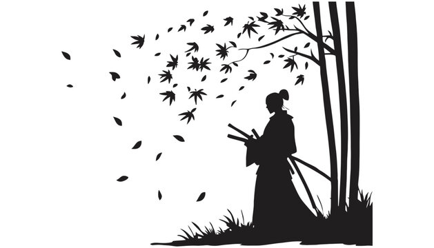 Samurai silhouette standing by bamboo in wind with silhouette