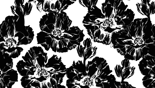 Black floral pattern seamless dark blooming flowers