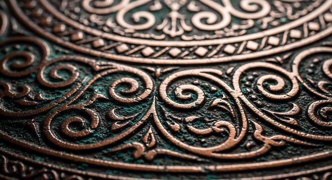Closeup of intricately designed copper plate with green patina and ornate swirling patterns