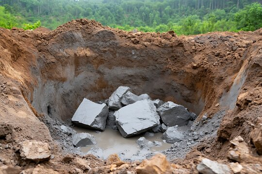 Excavation site featuring large gray rocks and muddy water surrounded by brown soil with a green forest background