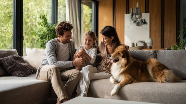 happy family relaxing on sofa with beloved dog, warm home atmosphere, authentic emotional connection, premium family lifestyle photography, natural