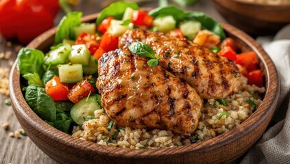 Fototapeta premium Quinoa salad with grilled chicken and vegetables on a plate.