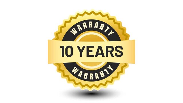 Animation of 10 Years Warranty gold label button stamp