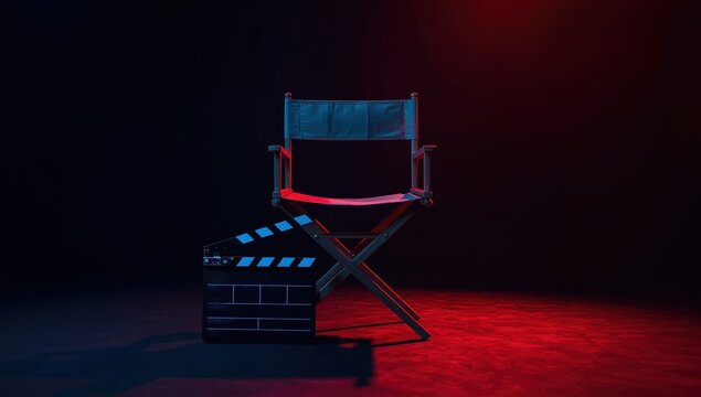 Red and blue lit director's chair and clapperboard against a black backdrop.