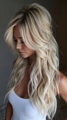 Naklejka premium Jeune femme aux longs cheveux blonds ondulés avec balayage naturel