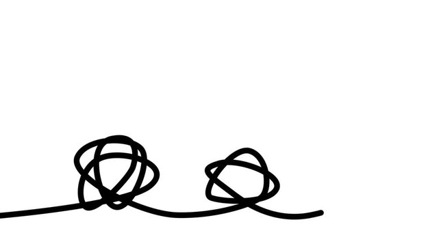 Continuous black line drawing tangled knots on white background, 2D animation concept of problem solving and chaos to order