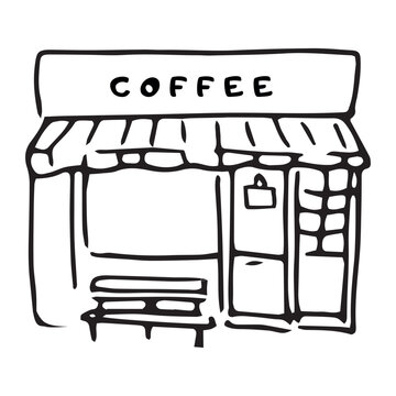 Coffee shop facade hand drawn sketch, black line art doodle. Cafe storefront with awning bench sign window, cute cartoon building exterior, vector clipart isolated white background.