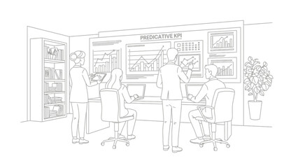 Obraz premium Business Team Analyzing Predictive KPI Dashboard Line Art Illustration