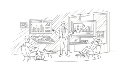Naklejka premium Business Presentation and Data Analytics Meeting Line Art Illustration