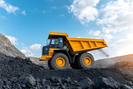 Heavy-duty yellow dump truck operating on rocky construction site during daytime under blue sky with clouds