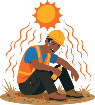 Construction worker suffering from extreme heat and heat exhaustion under the blazing sun. Occupational safety, dehydration, heat stress, and hot weather awareness concept in flat cartoon vector illus