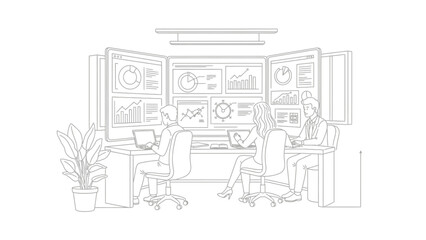 Obraz premium Business team analyzing data dashboards in modern office line art illustration