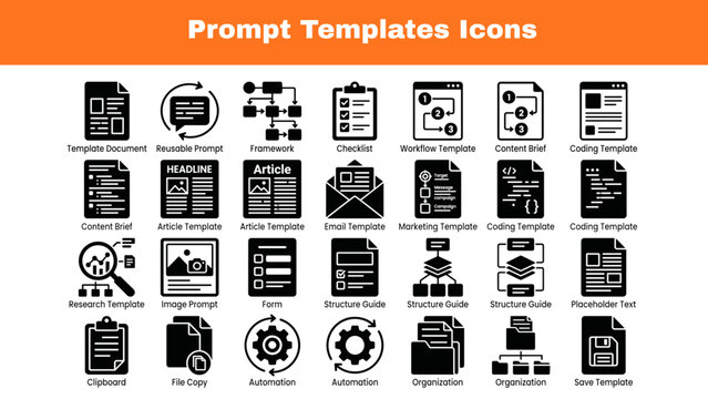 Prompt Templates Black Silhouette Icons for Reusable AI Workflows
