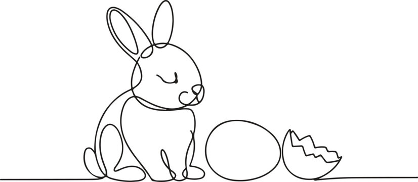 A cute line drawn bunny sitting next to an egg and eggshell