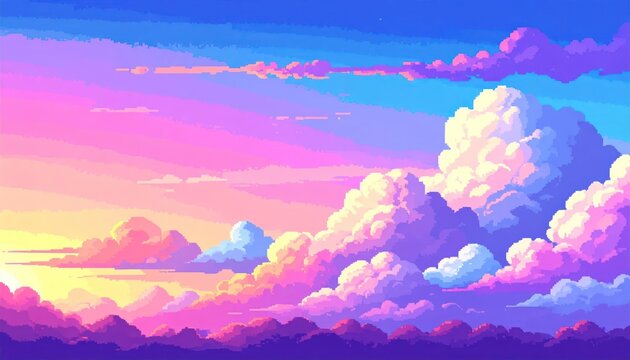 Stylized purple and pink pixel art clouds.