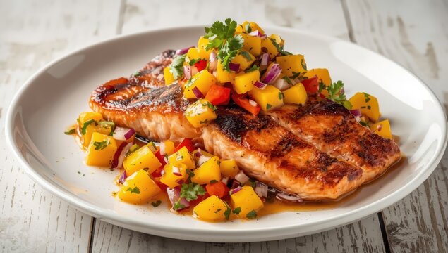 Salmon steak topped with mango salsa on a light wood table. Nutritious meal.