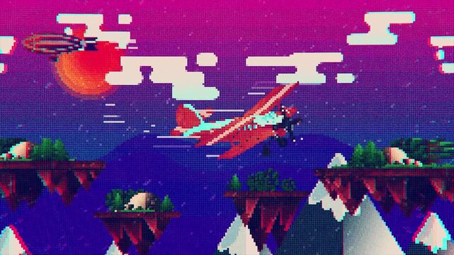 Retro pixel art video game landscape with flying airplane and floating islands.