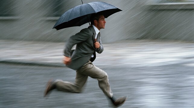 Man in suit running through heavy rain holding an umbrella for protection