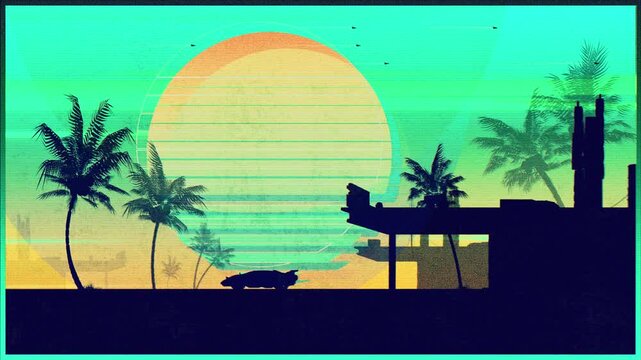 Retro synthwave landscape with palm trees and a driving car at sunset.