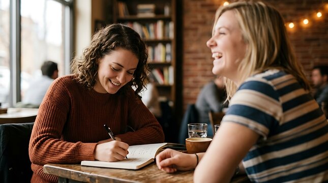 Two smiling women chatting and writing at a table in a cozy cafe, enjoying a warm and friendly conversation over coffee