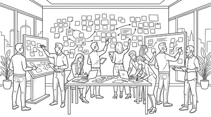 Obraz premium Business Team Brainstorming and Project Management Line Art Illustration