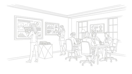 Obraz premium Business Team Meeting and Data Analysis Line Art Illustration