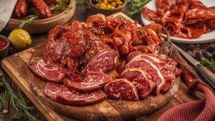 Obraz premium Sliced beef pastrami. Turkish bacon, kayseri pastirma.