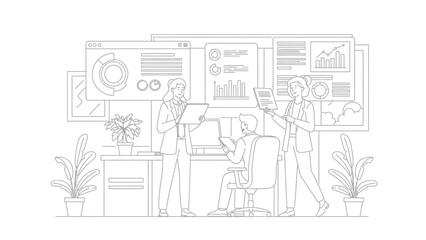 Obraz premium Business Data Analysis Team Working on Performance Dashboards Line Art Illustration
