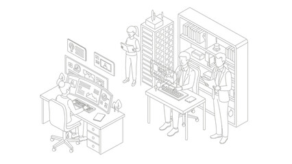 Obraz premium Isometric Office Line Art Illustration of Professionals Working with Data Dashboards and Technology