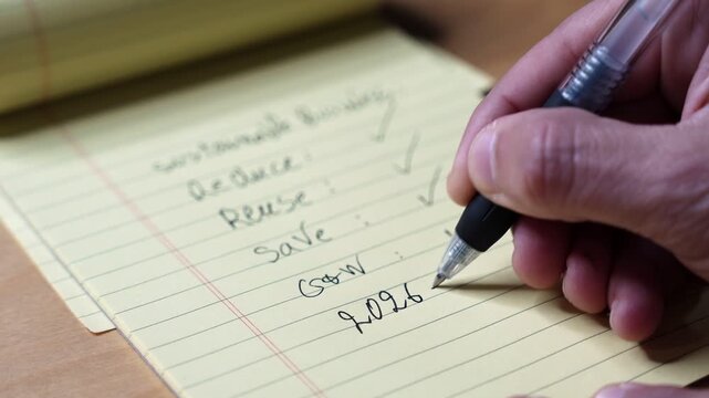 Close up shot of a hand writing future sustainability goals from 2026 to 2030 on a yellow notepad. The handwritten checklist includes reduce, reuse, and save concepts on a wooden desk indoors.