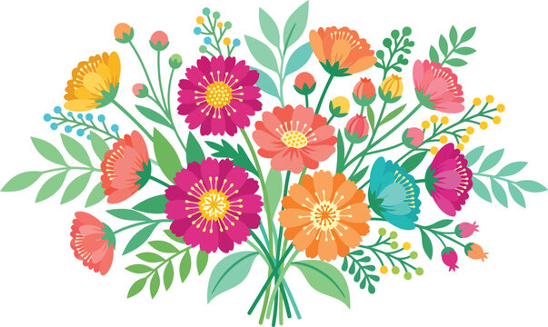 A beautiful watercolor illustration featuring a vibrant bouquet of colorful zinnia flowers with green leaves isolated on a clean white background for artistic design projects