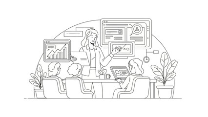 Naklejka premium Business woman presenting data analytics and AI concepts to a female team in a modern office, minimalist line art illustration.