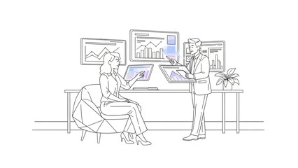 Fototapeta premium Business team analyzing financial data on digital screens in a modern office.