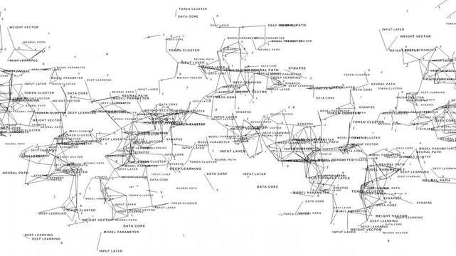 Complex white neural network map with deep learning text clusters, weight vectors, and neural paths. Perfect for AI research, machine learning architecture, and data science.