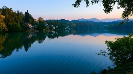 Obraz premium A picturesque scenic travel destination is illuminated by crisp evening light creating a relaxed and serene atmosphere