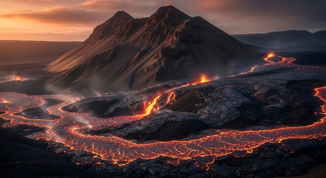 Volcanic landscape with flowing lava and mountain at sunset