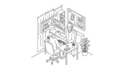 Obraz premium Customer Service and Data Analysis Isometric Line Art Illustration