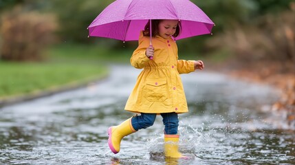 Obraz premium Joyful young girl in yellow raincoat splashing in puddles with umbrella