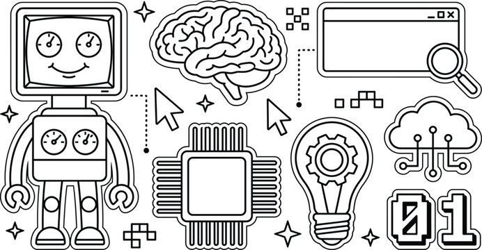 Artificial intelligence AI technology concept element doodle set robot brain microchip cloud computer line art vectors