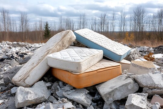 Pile of discarded mattresses and debris in open rocky landscape during daytime with cloudy sky