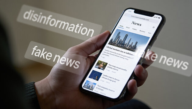 Person holding a smartphone displaying a news website with digital overlays of disinformation and fake news labels for media literacy and propaganda concepts.