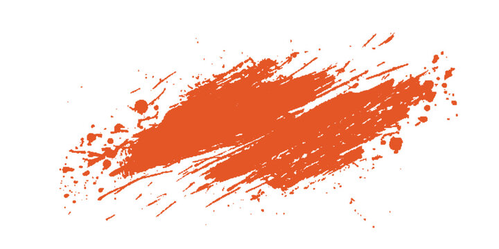 Bright orange paint splash with textured brush strokes and small splatter dots on a white background