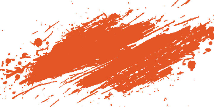 Bright orange paint splash with textured brush strokes and small splatter dots on a white background