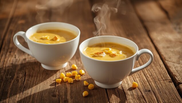 Tasty creamy corn soup in white cups on a wooden table.