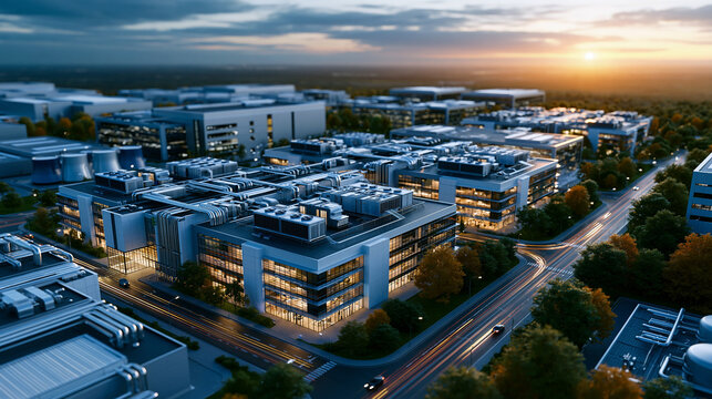 Aerial view of a supercomputer data center complex surrounded by service roads and utility areas, expansive technology infrastructure, quantum computing concept, AI infrastructure, cloud