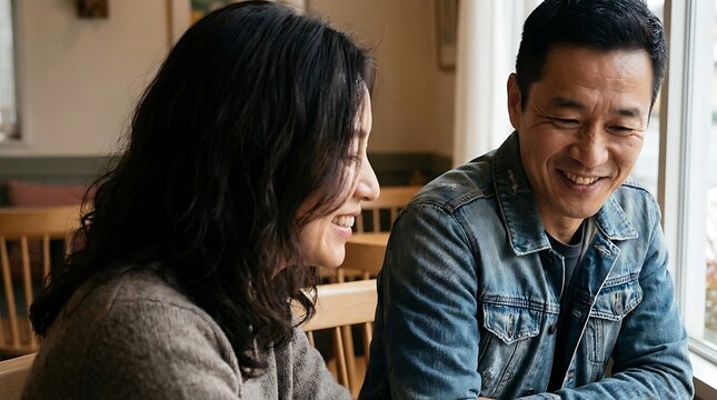 Happy Asian couple sharing a lighthearted moment over coffee at a cafe, enjoying each other's company