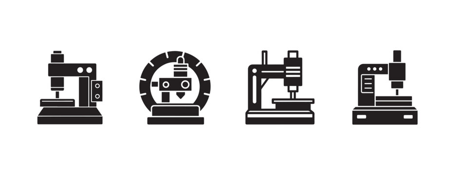 Industrial equipment icons set including microscope centrifuge drill press and laser cutter isolated on transparent background