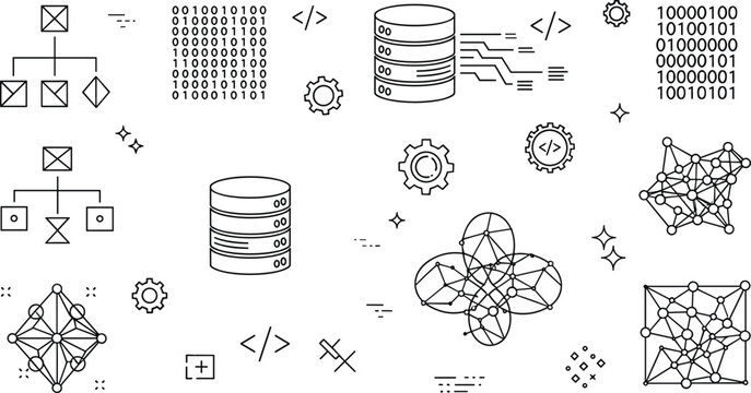 Big data analytics database development line art vector icon set with server storage programming binary code and networks