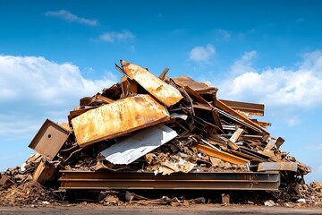 Fototapeta premium Pile of Rusted Scrap Metal and Debris on Open Land Under Blue Sky with Clouds