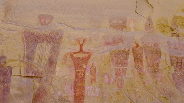 Slow pan of ancient native pictographs near Moab, Utah.
